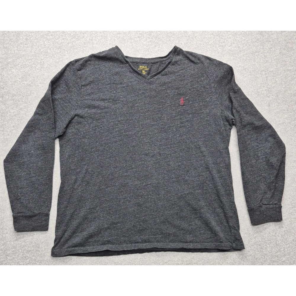 Polo Ralph Lauren Shirt Mens XL Charcoal Gray Cotton V-Neck Long Sleeve EUC